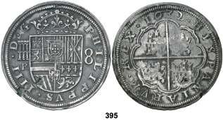 (Cal. 570). Oxidaciones. Hojas. Rara. (MBC/MBC-). Est. 400... 250, 396 1636. Amberes. 1 ducatón. (Vti. 1161). Colgada y sobredorada. (MBC). Est. 125........ 75, 397 (1630-35). Cartagena de Indias. E. 2 escudos.