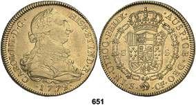 651 1772. Sevilla. CF. 8 escudos. (Cal. 251) (Cal.Onza 953). Pleno brillo original en reverso. Rara. MBC/EBC-. Est. 2.500.................................... 1.500, 652 1786. Sevilla. C. 8 escudos. (Cal. 260).