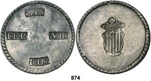 2 escudos. (Cal. 208 var). Segundo busto. Parte de brillo original. Rara. MBC+. Est. 450........................................ 300, 879 1819/8. Madrid. GJ.