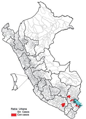 Centro Nacional de Epidemiología, Prevención y Control de Enfermedades TFigura 2 Mapa de distribución de casos de rabia canina. Años 2015-2017 SE 42 III.