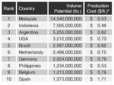 Top Ten Countries in Terms of Absolute Biodiesel Potential Double the volume potential of Brazil 22% cost advantage over Germany