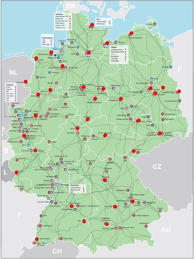 35 ciudades de carga en Alemania : Áreas adaptadas para el establecimiento de proveedores de logística e industrias relacionadas Área definida con actividades relacionadas con el transporte, la