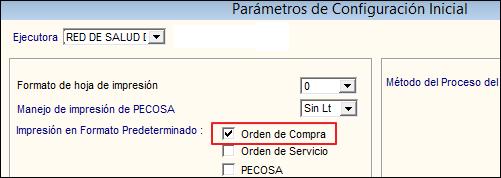 Si en Parámetros de Configuración Inicial se tuviera configurado la Impresión de la Orden de Compra en Formato Predeterminado propio de la Unidad Ejecutora (marcado con un check ) la Orden se