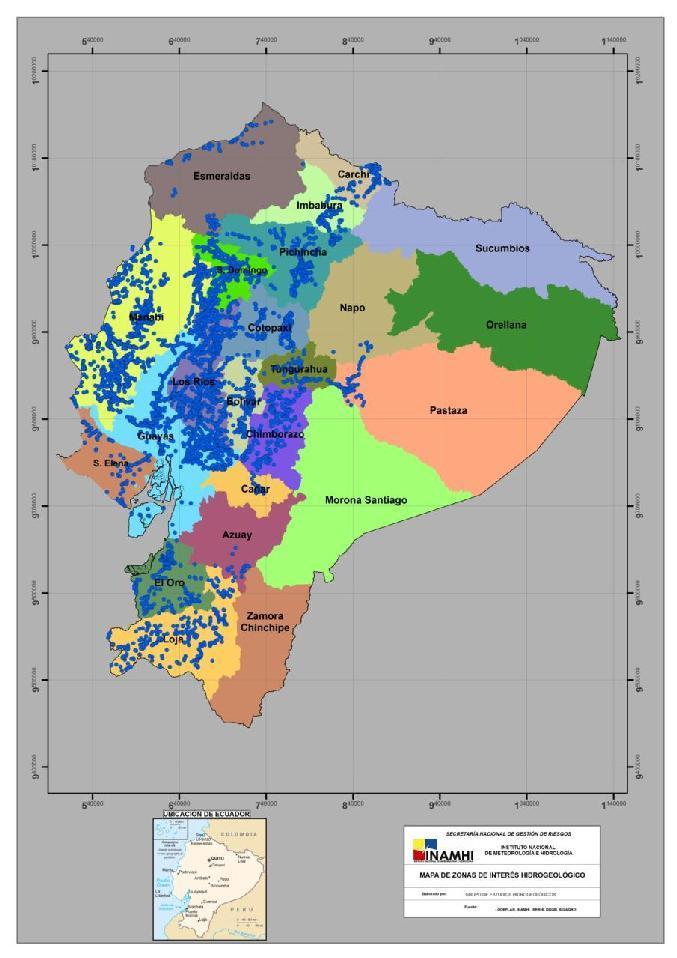 ZONAS DE INTERÉS HIDROGEOLÓGICO Distribución espacial de los puntos clasificados por el INAMHI, en el territorio nacional.