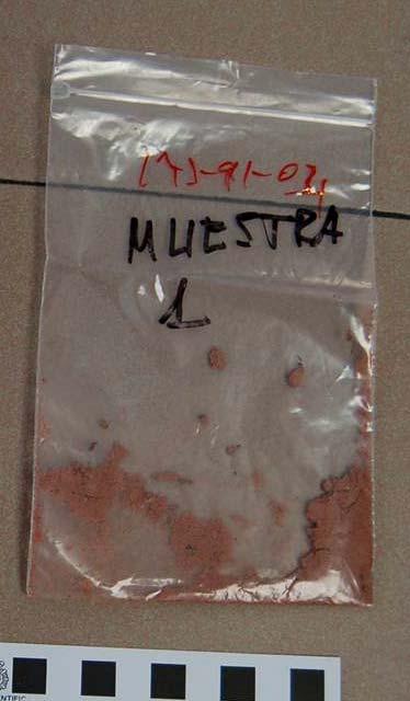 M-1 Sustancia en polvo de color rojizo dentro de una bolsa con la inscripción 173- Q1-04 MUESTRA 1 y un peso bruto de 3,5 g, contenida en una bolsa etiquetada 3,488 g, situada dentro de un sobre con