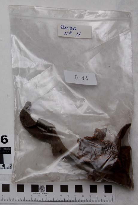 M-6-11 Chapas metálicas retorcidas contenidas en una bolsa etiquetada BOLSA Nº 11, situada, junto a otras doce bolsas, en una caja-legajo grande de la Dirección General de la Policía con la