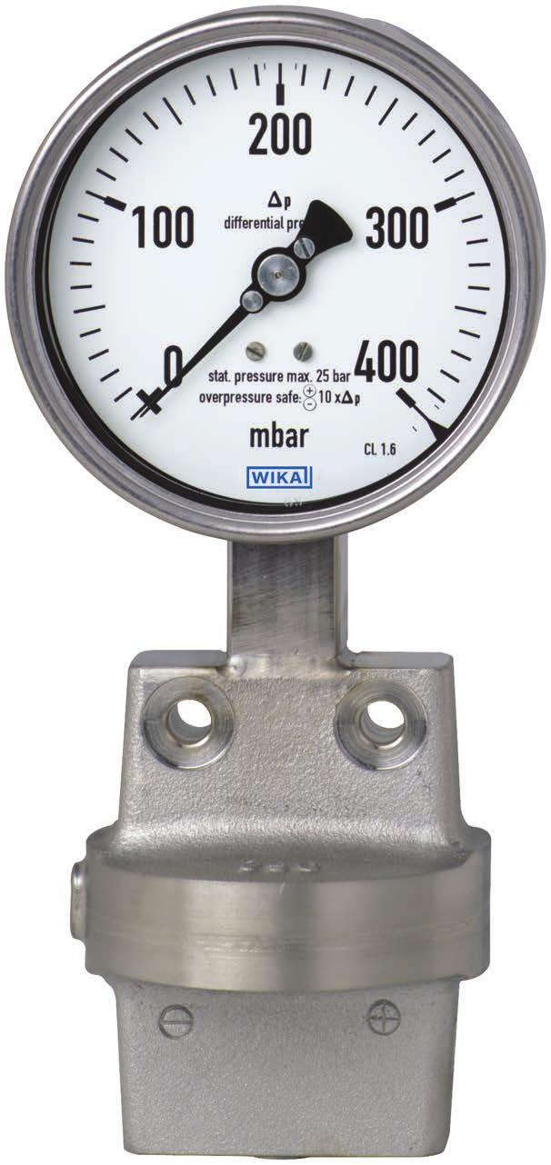 Instrumentación de presión mecánica Manómetro para presión diferencial Versión de acero inoxidable, con membrana Construcción totalmente soldada, modelo 732.51 Hoja técnica WIKA PM 07.