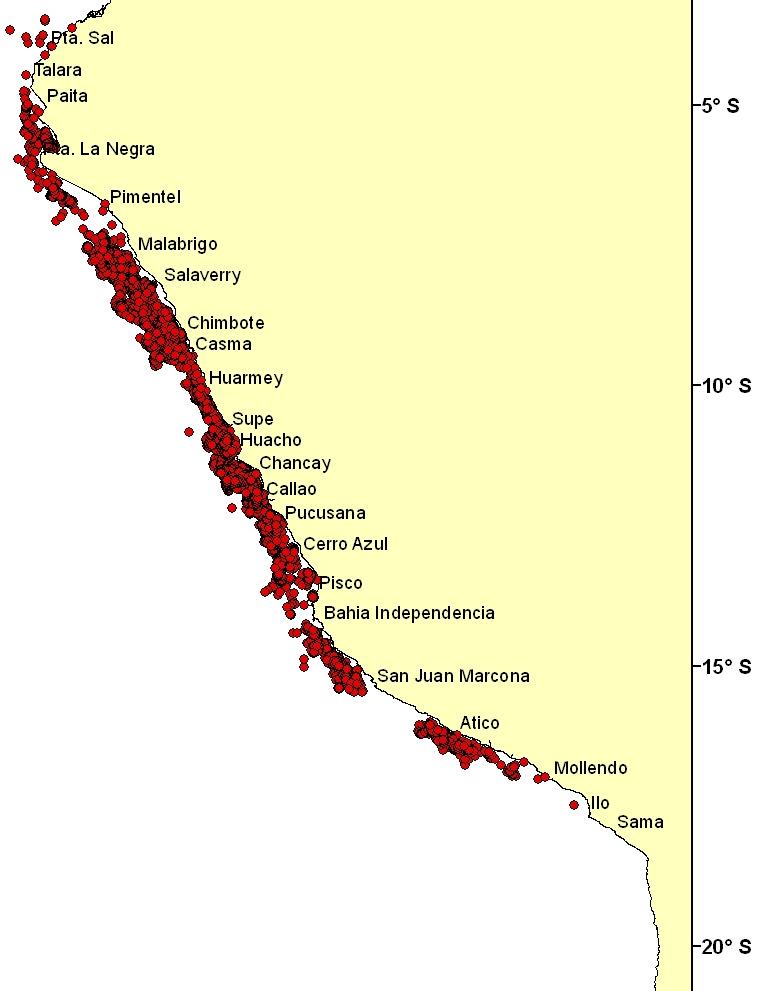 entre Huarmey y Chancay. En el periodo comprendido entre el 1 al 19 de junio, la anchoveta se distribuyó principalmente al norte del Callao, con las mayores concentraciones entre los 7-8 S (Fig. 6).
