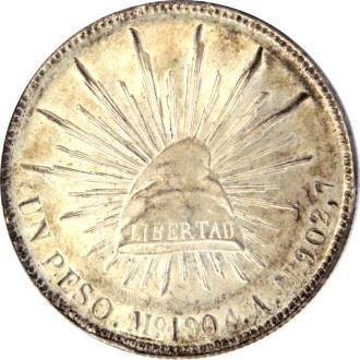 1131. 1 Peso, Guanajuato, 1872, S. (KM-408.4). AU 800.00 1132. 1 Peso, Guanajuato, 1873, S. (KM-408.4). Muy atractiva. Mucho brillo. AU 900.00 1133.