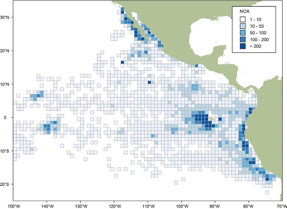 FIGURE 2. Spatial distribution of sets on unassociated tunas (NOA), 2011-2015 for all purse seine vessels (classes 1-6) based on both logbook and observer data. FIGURA 2.
