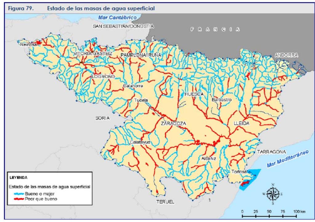 Figura 10. Estado de las masas de agua superficiales de la Demarcación Hidrográfica del Ebro.
