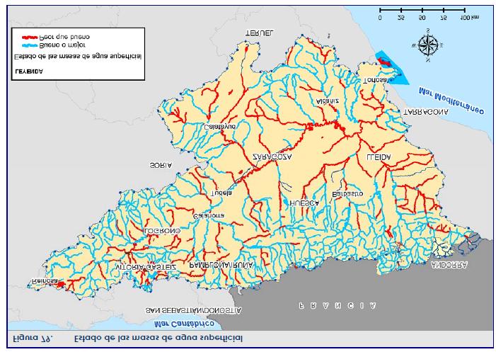 Figura 1. Estado de las masas de agua superficiales en la cuenca del Ebro (Fuente: Plan hidrológico).