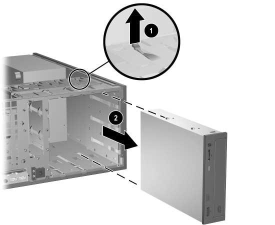 Para extraer una unidad de disquete o una unidad óptica en configuración de minitorre, tire hacia arriba el mecanismo del seguro de la unidad verde 1 para esa unidad específica y deslice la