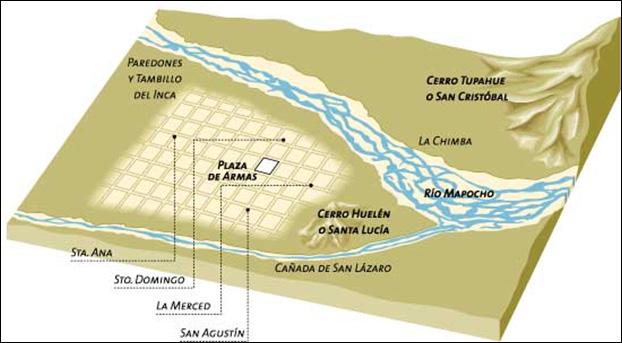 C.1 CONQUISTA DE CHILE: Santiago fue fundada en 1541, esta se asemeja a la ciudad de Santo Domingo, el lugar escogido entre ríos, la cañada de San Lázaro y el Río Mapocho.