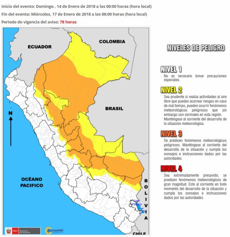 Las regiones alertadas son: Amazonas, Ayacucho, Cusco, Huancavelica, Huánuco, Junín, Loreto, Madre de Dios, Pasco, Puno, San Martin y Ucayali.