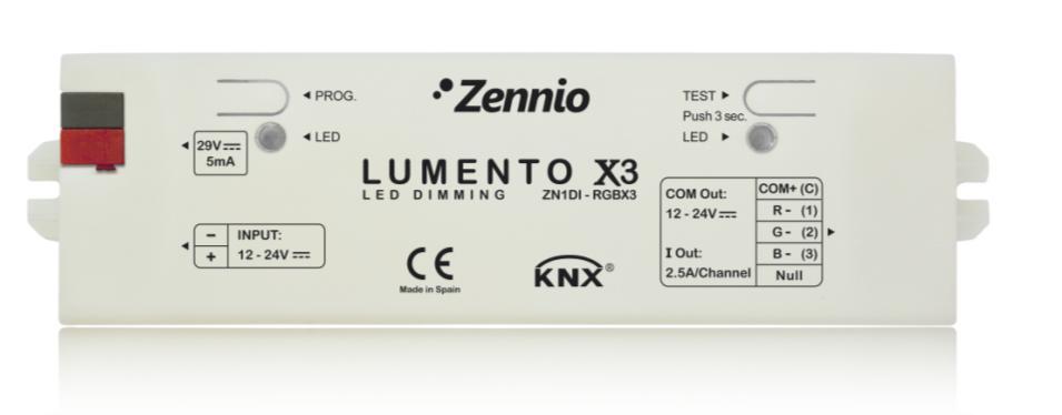 1. INTRODUCCIÓN 1.1. LUMENTO X3 LUMENTO X3 es un controlador Zennio que permite manejar el funcionamiento de módulos de diodos LED, tanto tricolor: Rojo, Verde y Azul (LEDs de tipo RGB: Red Green Blue.