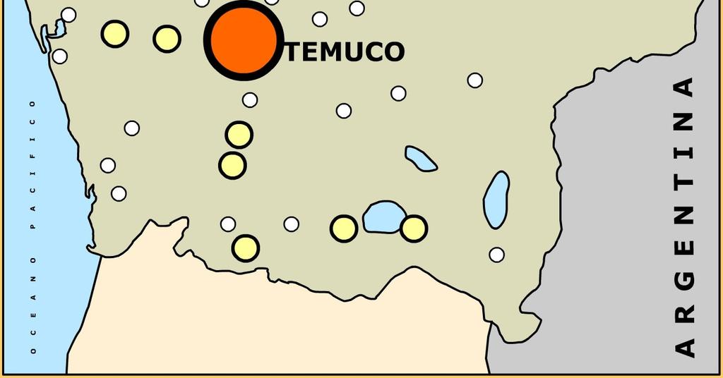 com Se puede apreciar los centros más poblados de la Región de la Araucanía en los círculos más oscuros y más grandes, caracterizando principalmente a la ciudad capital de Temuco,