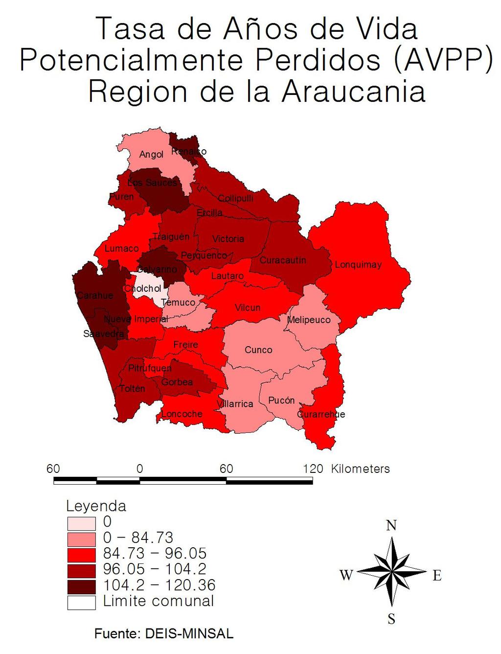 Mapa Nº 4: AVPP por comuna en la Región de la Araucanía.