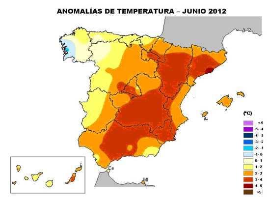 Figura 1. Anomalía de Temperatura. Junio 2012.