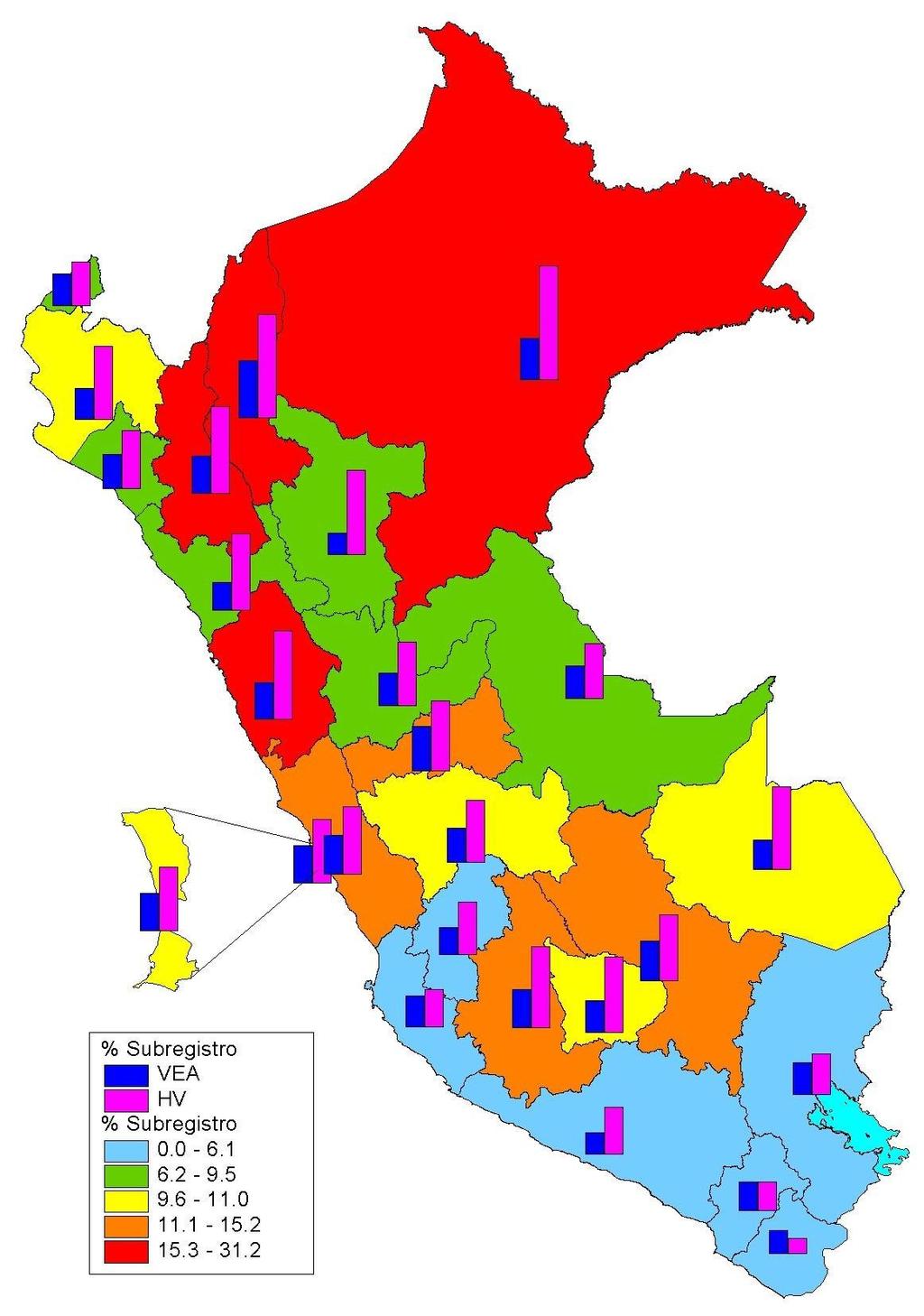 Distribución geográfica de subregistro de MM por departamentos.