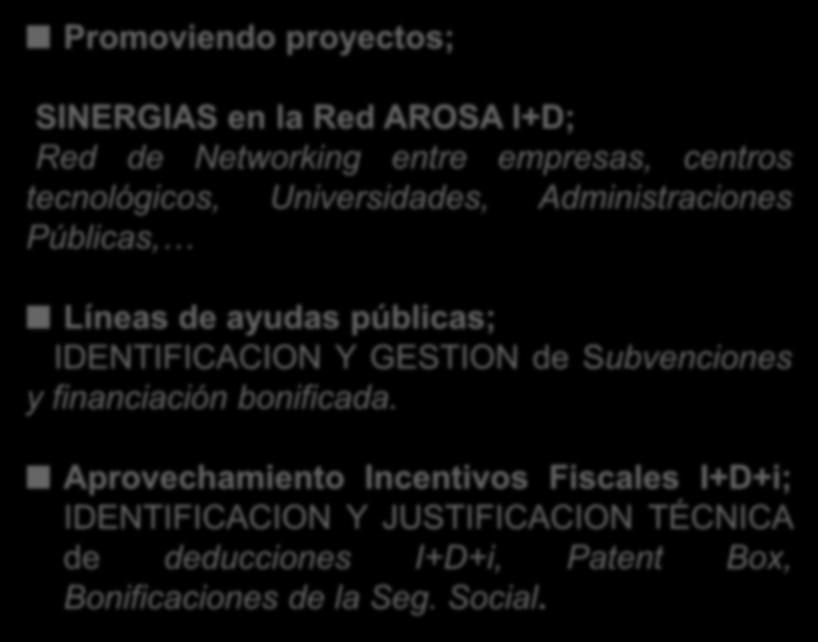 4 OPORTUNIDADES PARA NUEVOS PROYECTOS Promoviendo proyectos; SINERGIAS en la Red AROSA I+D; Red de