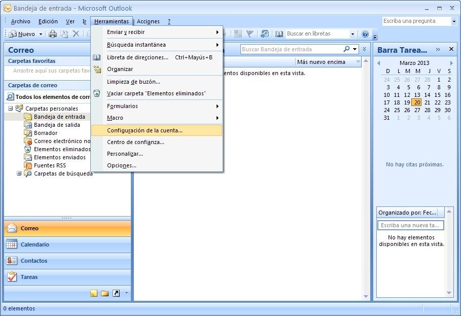Configuración de correo en Outlook 2007 Paso 1.