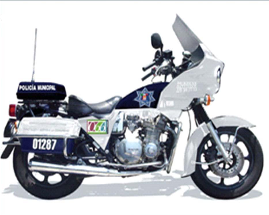 Motocicleta de dos ruedas para 2 (dos) pasajeros, a gasolina, adaptado como vehículo moto-patrulla conforme a los elementos establecidos en el Manual de Identidad, ajustándose invariablemente a las