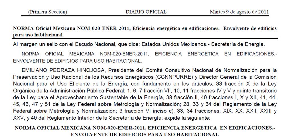 La NOM-020-ENER-2011 Publicada en el Diario