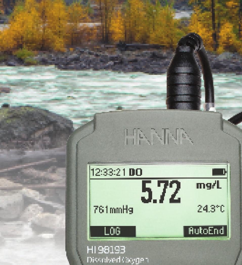 HI98193 Medidores portátiles Waterproof Oxígeno Disuelto y DBO Unidades seleccionables % saturación o mg/l (ppm) Compensación de salinidad El valor de salinidad puede ser fijado por el usuario