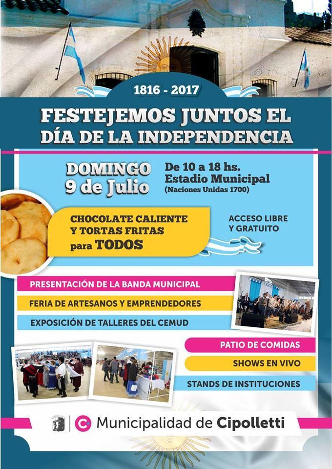 Festejos del 9 de Julio Fecha: Domingo 09 de Julio La Municipalidad de Cipolletti lo invita a FESTEJAR JUNTOS EL DÍA