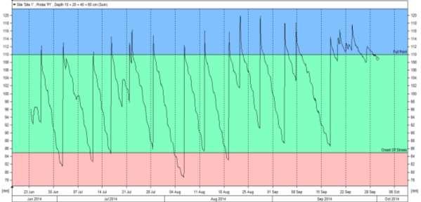 Gráfico 2: evolución de la humedad en la S41 S41 59 Evaluaciones de riego. Se han realizado tres evaluaciones en el testigo (S41) y en la S46 (déficit hídrico).