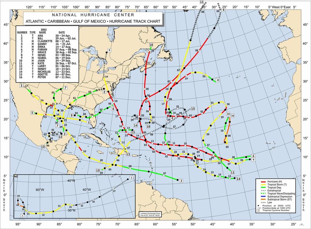 Trayectorias Ciclónicas de la Temporada 2003 en el Océano Atlántico Fuente: National Hurricane Center of Miami, USA.