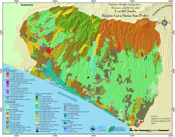 Mapa de uso del suelo en la región hidrográfica Cara Sucia-San Pedro Belén Zona alta: cafetal bajo sombra y bosque (PNEI) Zona media: