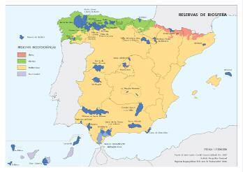 En España existen 37 Reservas de la Biosfera, en 15 Comunidades Autónomas: Andalucía, Aragón, Principado de Asturias, Navarra, Galicia,