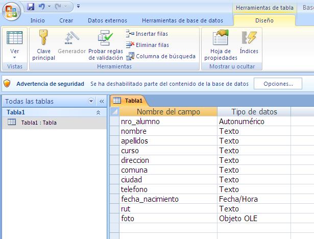 Creación de la Tabla Datos Alumnos: Crea una nueva tabla con los campos que se indican a continuación: Nombre de campo nro_alumno nombre 15 apellidos 40 curso 10