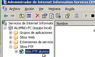 Una vez completada la creación del nuevo sitio ftp "Sitio FTP alumno", en la ventana de "Administrador de Internet Information Services (IIS)", podremos comprobar que el nuevo sitio ftp ha sido