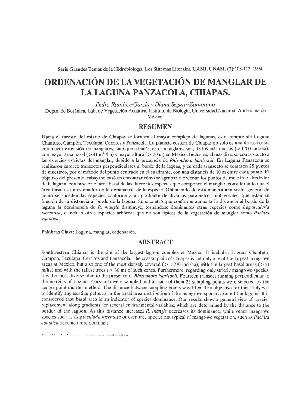 Serie Grandes Temas de la Hidrbilgía: Ls Sistemas Litrales. UAMI, UNAM. (2):105-113.1994. ORDENACIÓN DE LA VEGETACIÓN DE MANGLAR DE LA LAGUNA PANZACOLA, CHIAPAS.