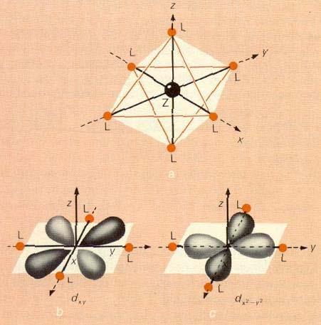 Campo de ligantes octaédrico: Acercamento de 6 ligantes L en dirección de las ejes x, y, z a un átomo central con orbitales d