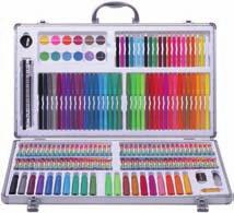 lápices de colores, 12 pasteles, 12 ceras blandas, 1 pincel, 1 sacapuntas, 1 lápiz HB, 1 paleta, 1 goma, 1 regla y