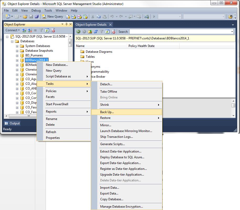 Figura 3. Seleccionar la opción Tasks > o Back Up Con esto, Management Studio del SQL muestra una pantalla para configurar la realización de la copia de seguridad.