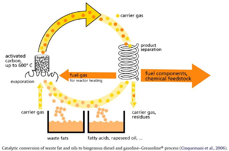 Conversión catalítica de grasas y aceites a diesel y gasolina (Greasoline) Posibles rutas para la producción de ác. Succínico y derivados por conversión química. Cinquemani et al.