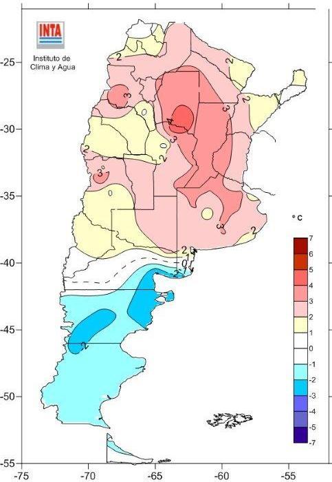 D urante la última semana se registraron temperaturas mínimas medias superiores a los normales en el centro y norte, e inferiores, en el sur. (Fig. 6).