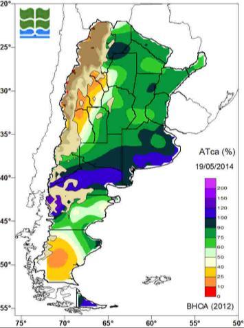 Mayo de 2014 Balance de agua en el suelo E l balance de agua en el suelo para todo el país, muestra la situación hídrica al día 19 de mayo. Esta información se presenta a través del agua total (Fig.