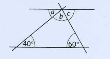 Ejemplo 1.Encuentre la medida de los ángulos indicados con letras minúsculas en la figura. Suponga que las líneas horizontales son paralelas. Justifique su respuesta.