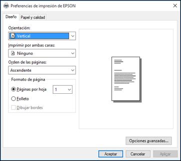 Verá la ventana de los ajustes de la impresora: 2. Seleccione los ajustes de impresión que desea utilizar como los ajustes predeterminados en todos los programas de Windows. 3. Haga clic en Aceptar.
