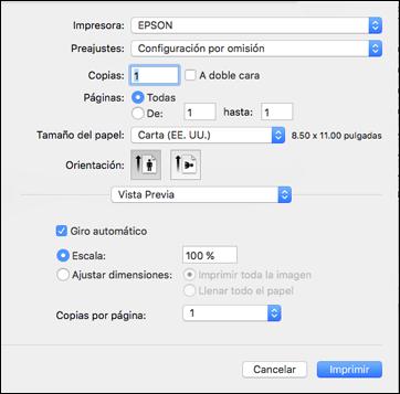 Verá la ventana ampliada de los ajustes de la impresora para su producto: Nota: La ventana de impresión puede ser diferente, dependiendo de la versión de Mac OS y la aplicación que está utilizando. 5.