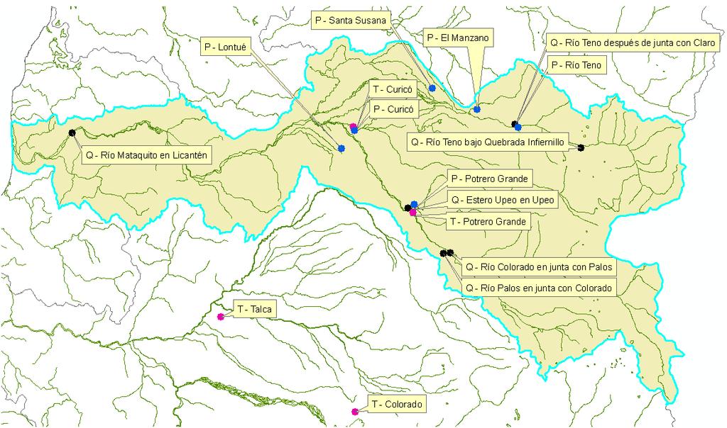 Eventos extremos- Ejemplo Inundaciones 2: fluviales Cuenca río Mataquito Series diarias Se rellenan de series incompletas de P y Q Análisis (1)