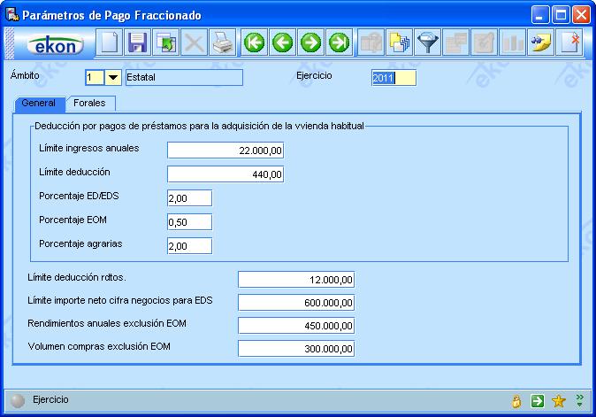 Imagen de la pantalla de parámetros de aplicación para el ejercicio 2011. 3.2.34. Bienes de inversión v. 8.5.7.