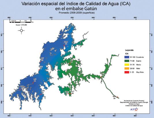 En el embalse Gatún, la mejor calidad de agua se presenta en Raíces, Batería 35, Humedad, Arenosa, Monte Lirio y Escobal, con valores del ICA en el rango de calidad de agua excelente (figura 3).