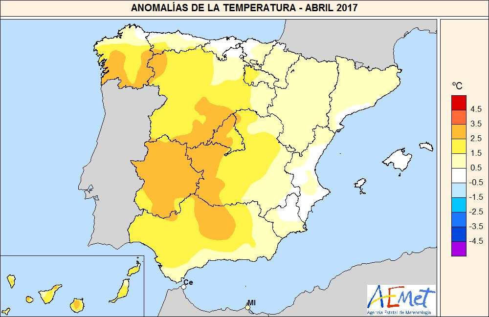 en Baleares, las anomalías estuvieron próximas a 0º C. En Canarias, las anomalías térmicas se situaron mayoritariamente entre 2 y 3º C.